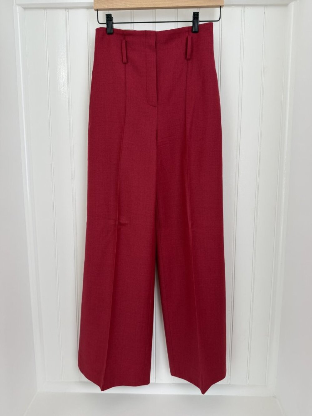 Theory High Waist Wide Leg Wool Flannel Trousers — Raspberry Red, Size 0